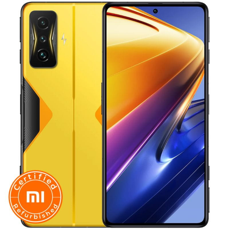 Xiaomi Poco F4 GT amarillo reacondicionado oficial, 8GB RAM y 128GB. Pantalla perforada, módulo trasero triple con detalles en negro y acentos gaming.