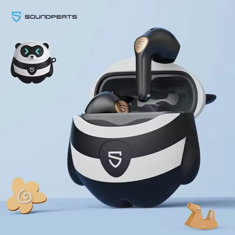 Housse panda pour SoundPEATS Capsule3 Pro +, boîtier noir et blanc avec oreilles et face stylisée, coque protectrice antichoc, design ludique et compact