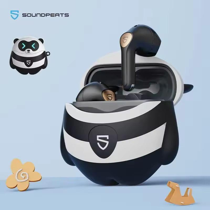 Housse panda pour SoundPEATS Capsule3 Pro +, boîtier noir et blanc avec oreilles et face stylisée, coque protectrice antichoc, design ludique et compact