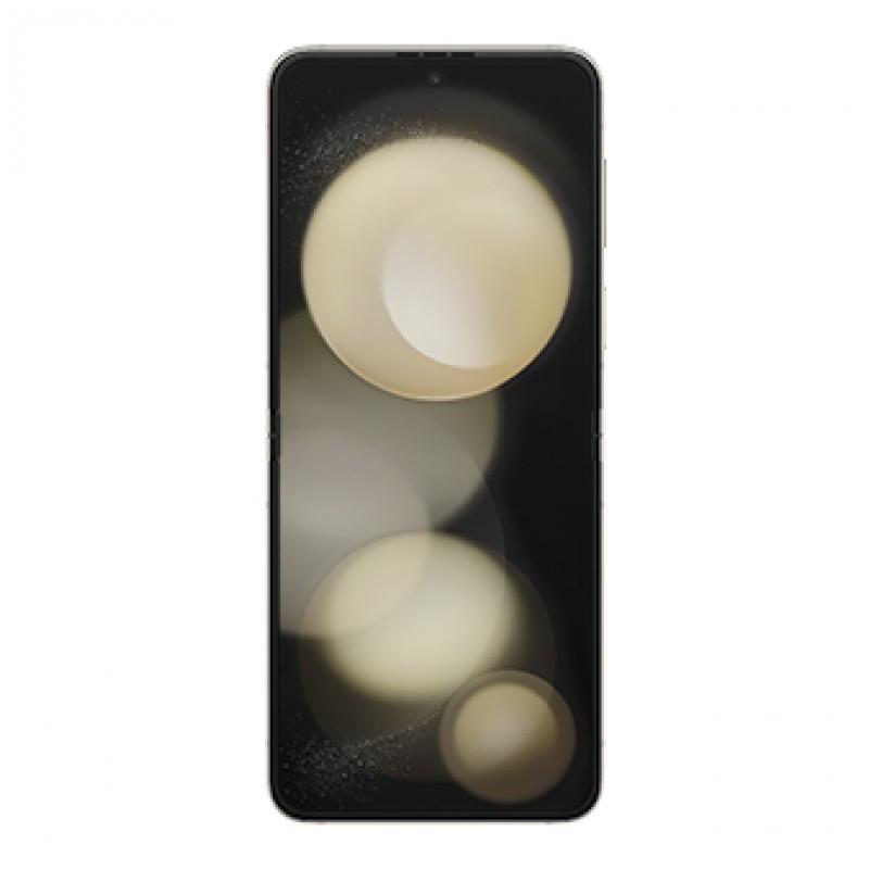 Samsung Galaxy Z Flip5 5G creme dobrável, tela externa preta com animação circular, duas câmeras traseiras e flash; renovado em condição excelente.