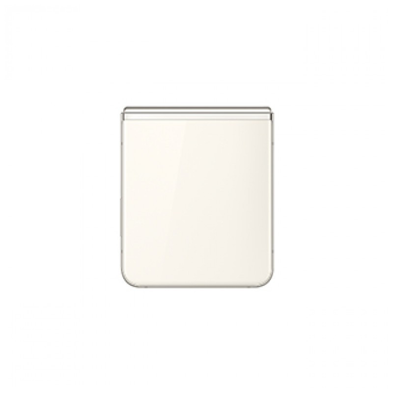 Samsung Galaxy Z Flip5 5G creme, dobrável aberto, tela interna com bordas finas, câmera frontal central, porta USB-C e grade de alto-falante visíveis.