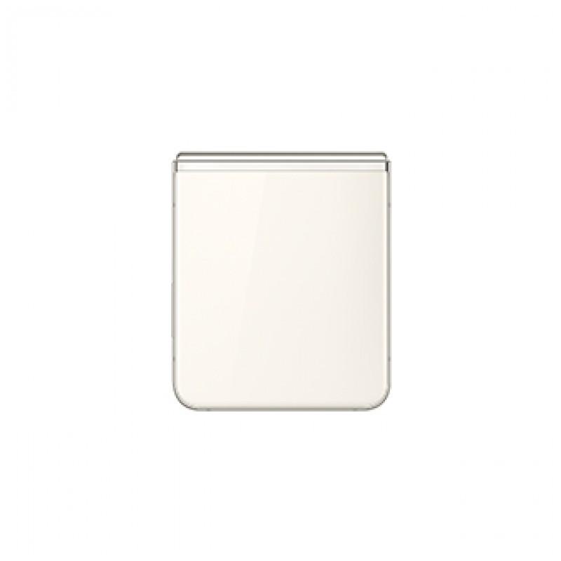 Samsung Galaxy Z Flip5 5G creme, dobrável aberto, tela interna com bordas finas, câmera frontal central, porta USB-C e grade de alto-falante visíveis.