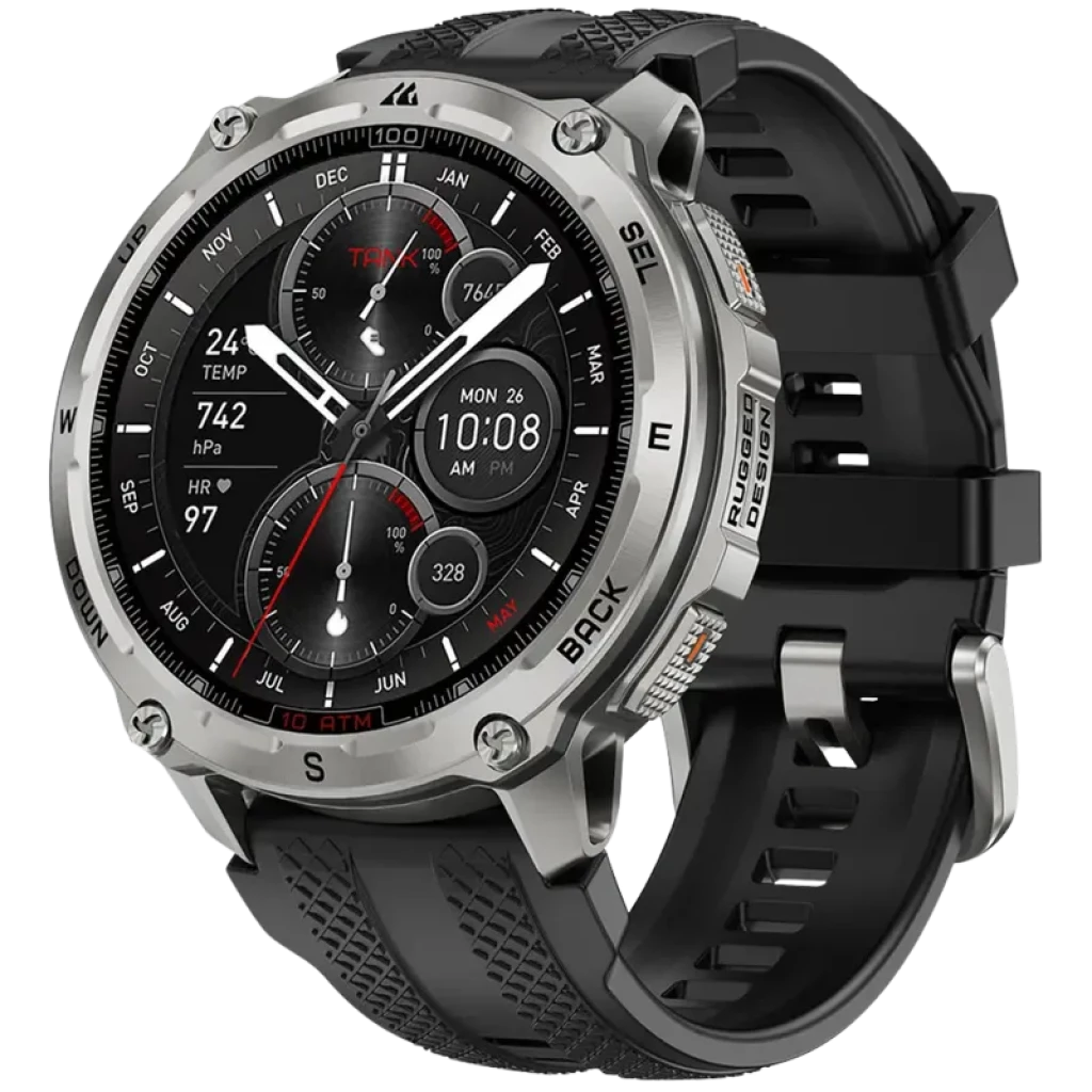 Kospet Tank T4 32GB Plata - Reloj inteligente con caja metálica plateada, bisel robusto, correa de silicona negra y pantalla redonda con múltiples diales