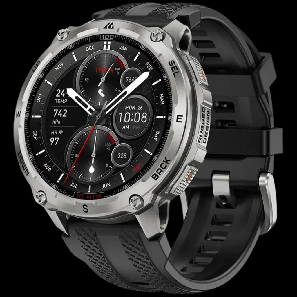 Kospet Tank T4 32GB Prata - Relógio inteligente robusto em aço prateado, mostrador redondo preto com múltiplos mostradores, pulseira preta de silicone