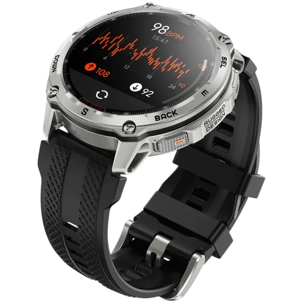 Kospet Tank T4 32GB Prata, relógio robusto em aço prateado com tela circular colorida, mostrador fitness, botões laterais e pulseira preta em silicone