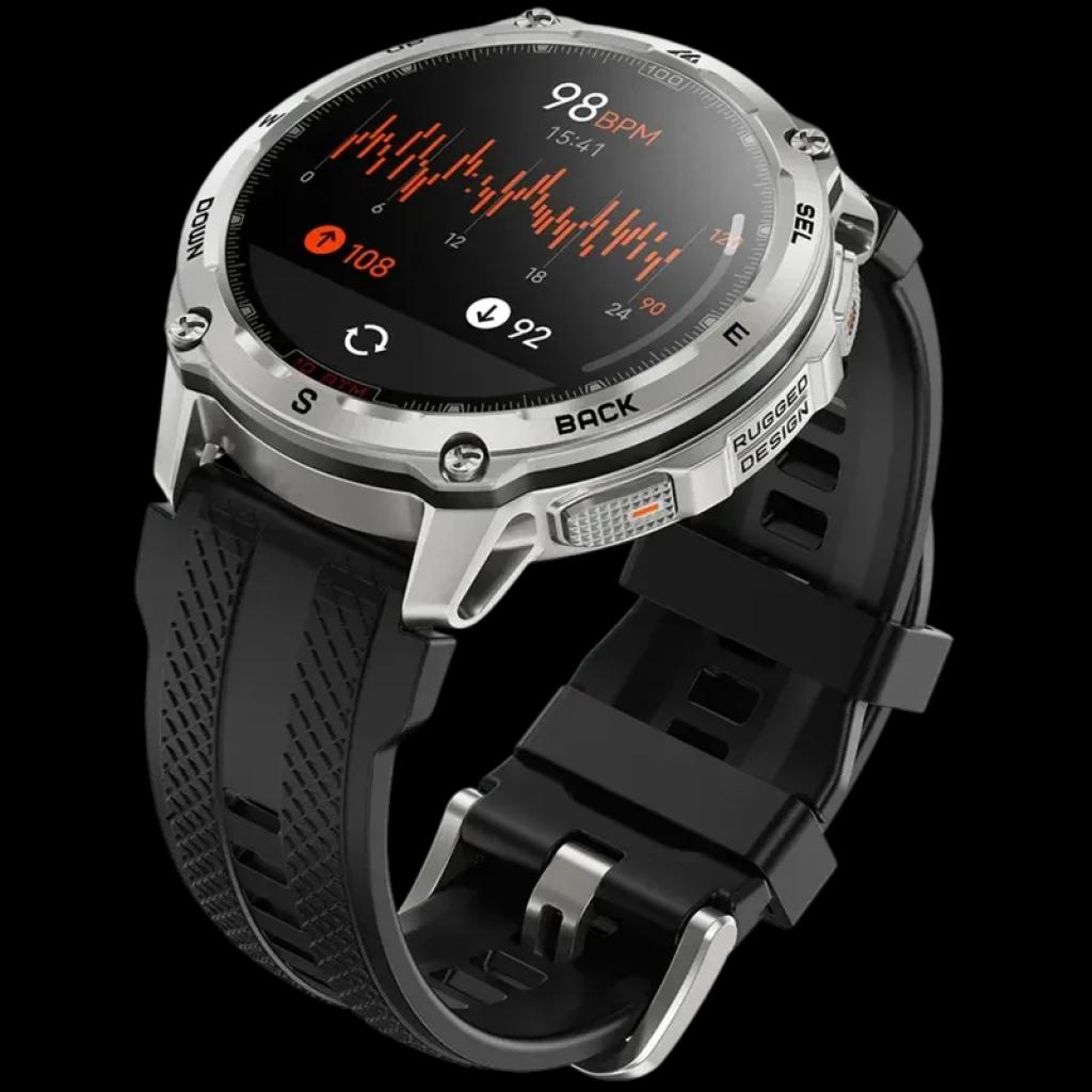 Kospet Tank T4 32GB Prata, relógio robusto em aço prateado com tela circular colorida, mostrador fitness, botões laterais e pulseira preta em silicone