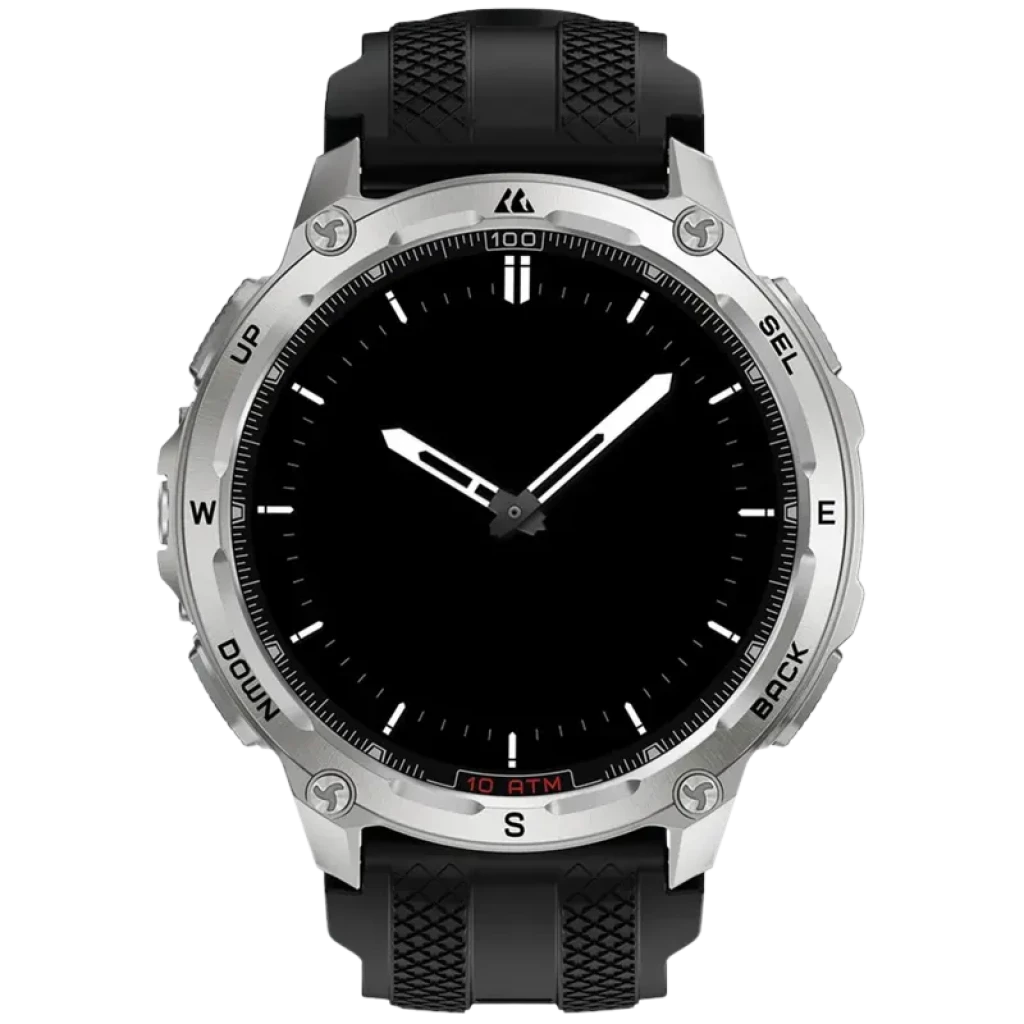 Kospet Tank T4 32GB Prata - Relógio inteligente robusto, caixa metálica prateada, luneta com marcações cardeais, mostrador preto, pulseira preta texturizada