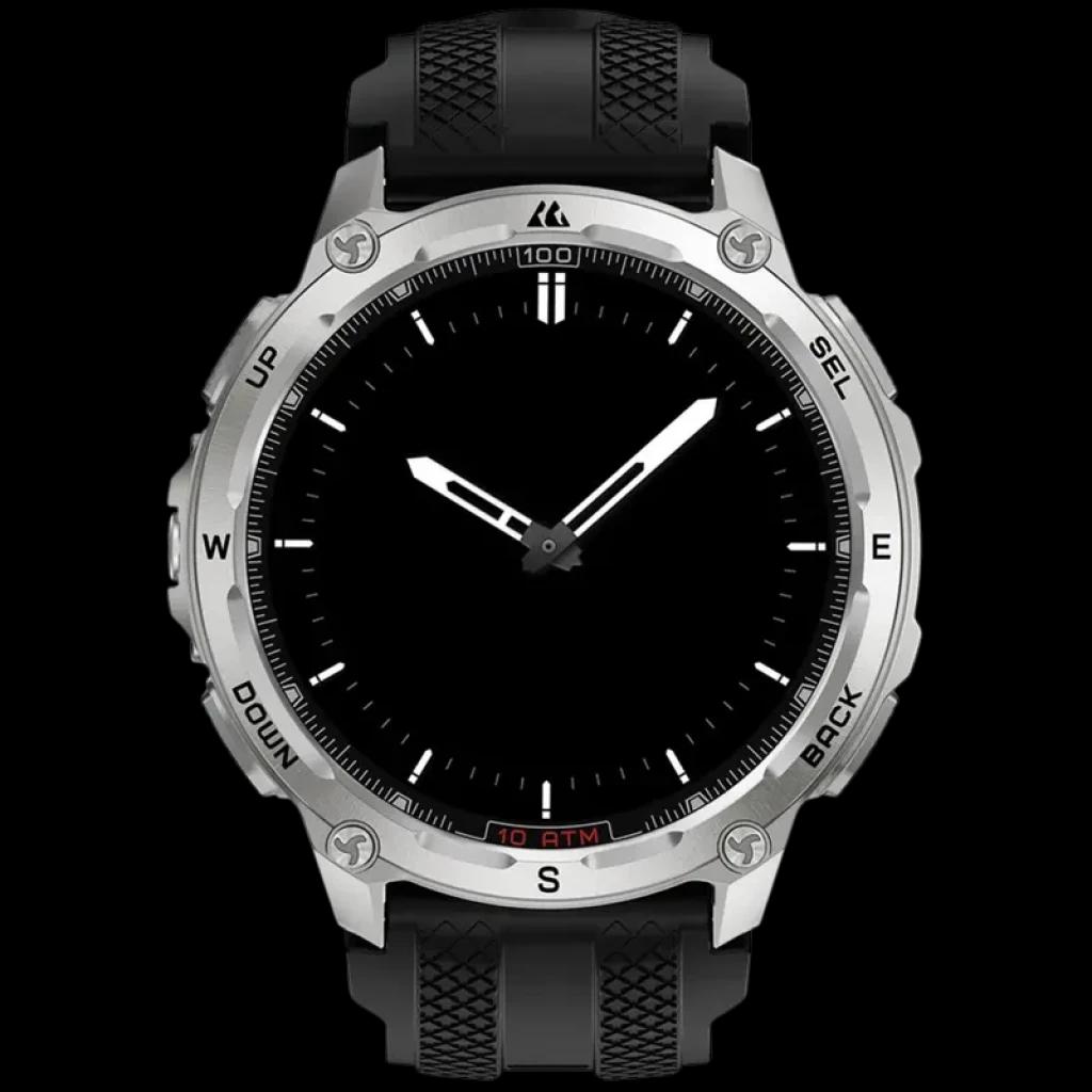 Kospet Tank T4 32GB Prata - Relógio inteligente robusto, caixa metálica prateada, luneta com marcações cardeais, mostrador preto, pulseira preta texturizada