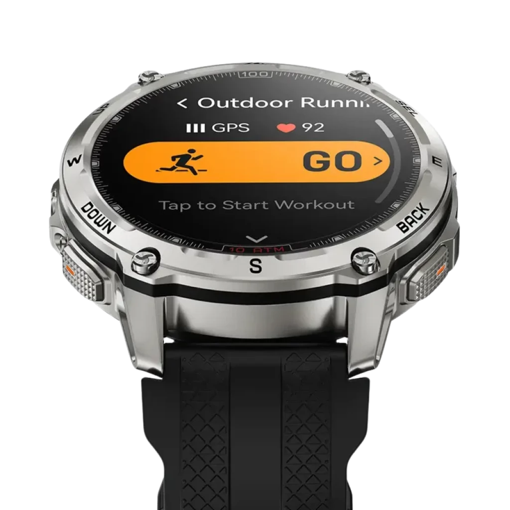 Kospet Tank T4 32GB Prata - Relógio inteligente robusto em aço prateado, tela circular colorida, botões laterais DOWN e BACK, pulseira preta texturizada