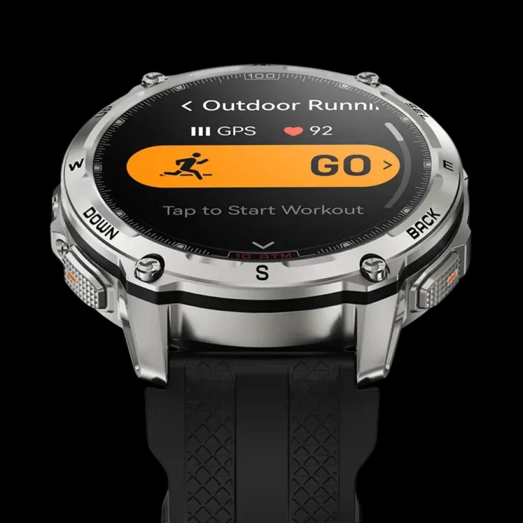 Kospet Tank T4 32GB Prata - Relógio inteligente robusto em aço prateado, tela circular colorida, botões laterais DOWN e BACK, pulseira preta texturizada