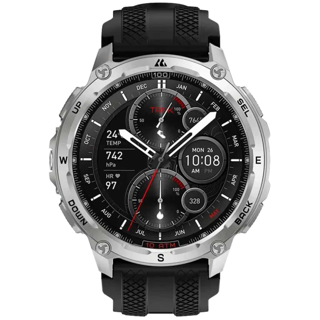 Kospet Tank T4 32GB Prata – smartwatch robusto com caixa prateada, bisel metálico, pulseira preta texturizada, mostrador redondo com múltiplos dials e