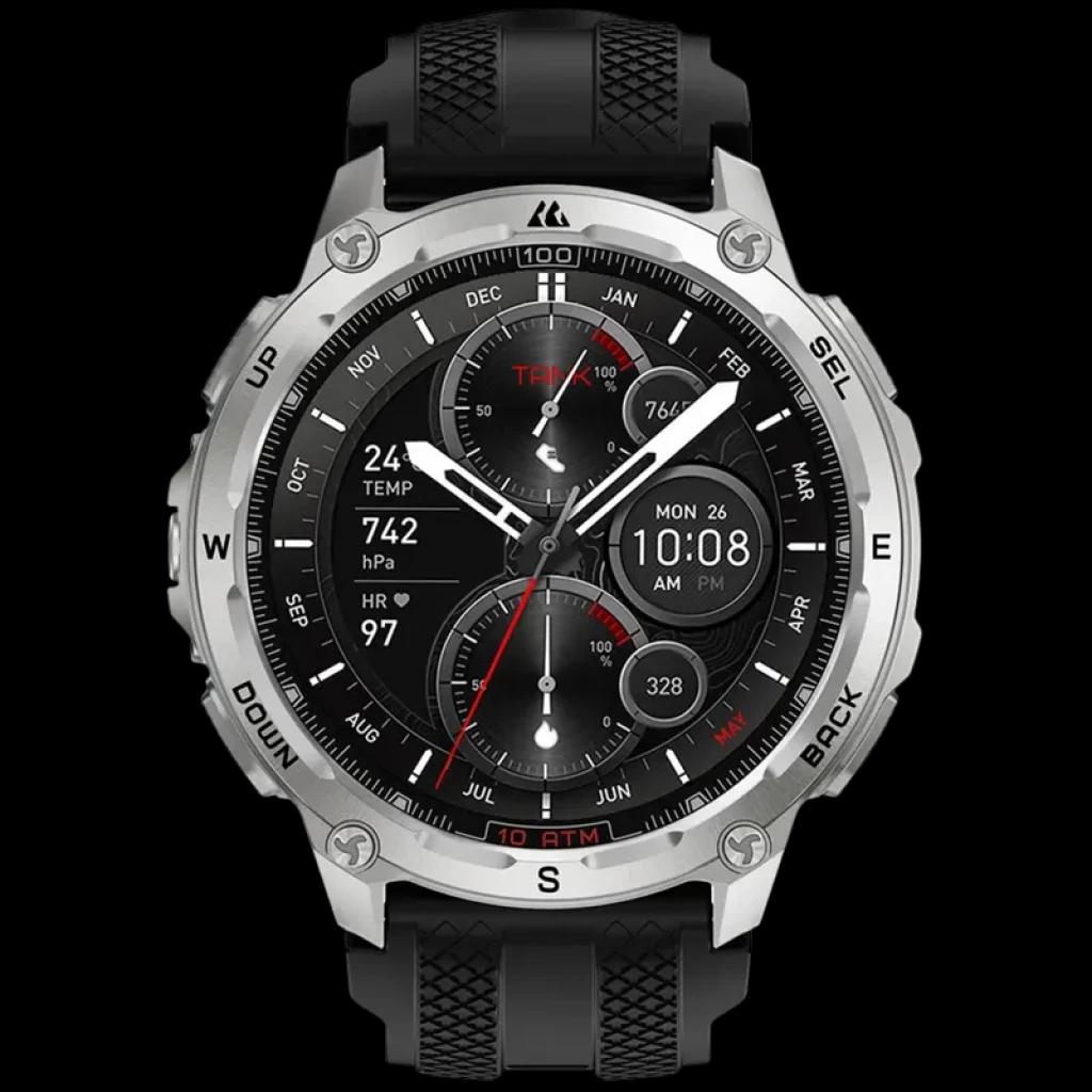 Kospet Tank T4 32GB Prata – smartwatch robusto com caixa prateada, bisel metálico, pulseira preta texturizada, mostrador redondo com múltiplos dials e