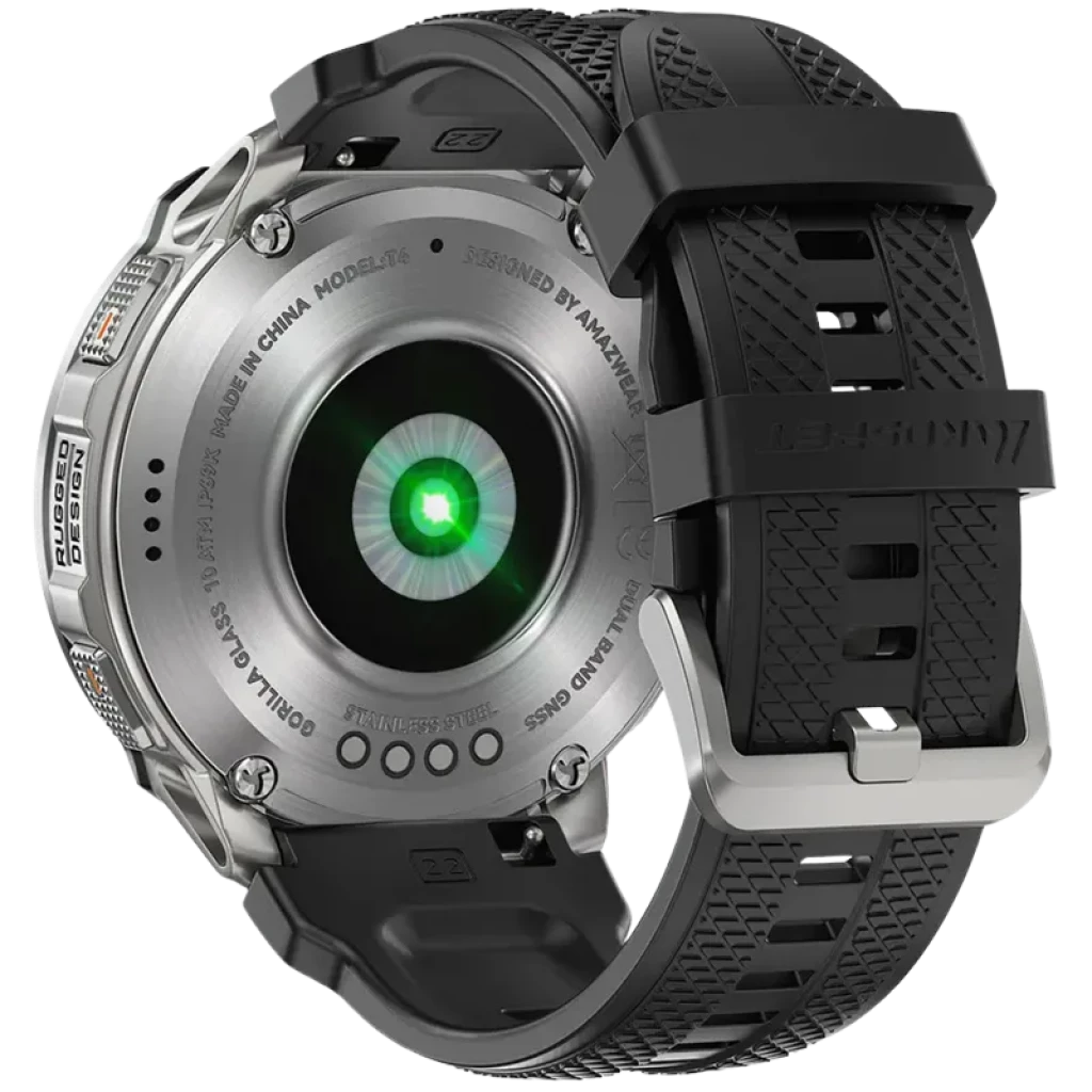 Kospet Tank T4 32GB Prata com traseira metálica, sensor óptico verde ativo, parafusos expostos, pulseira preta texturizada e fivela robusta em aço