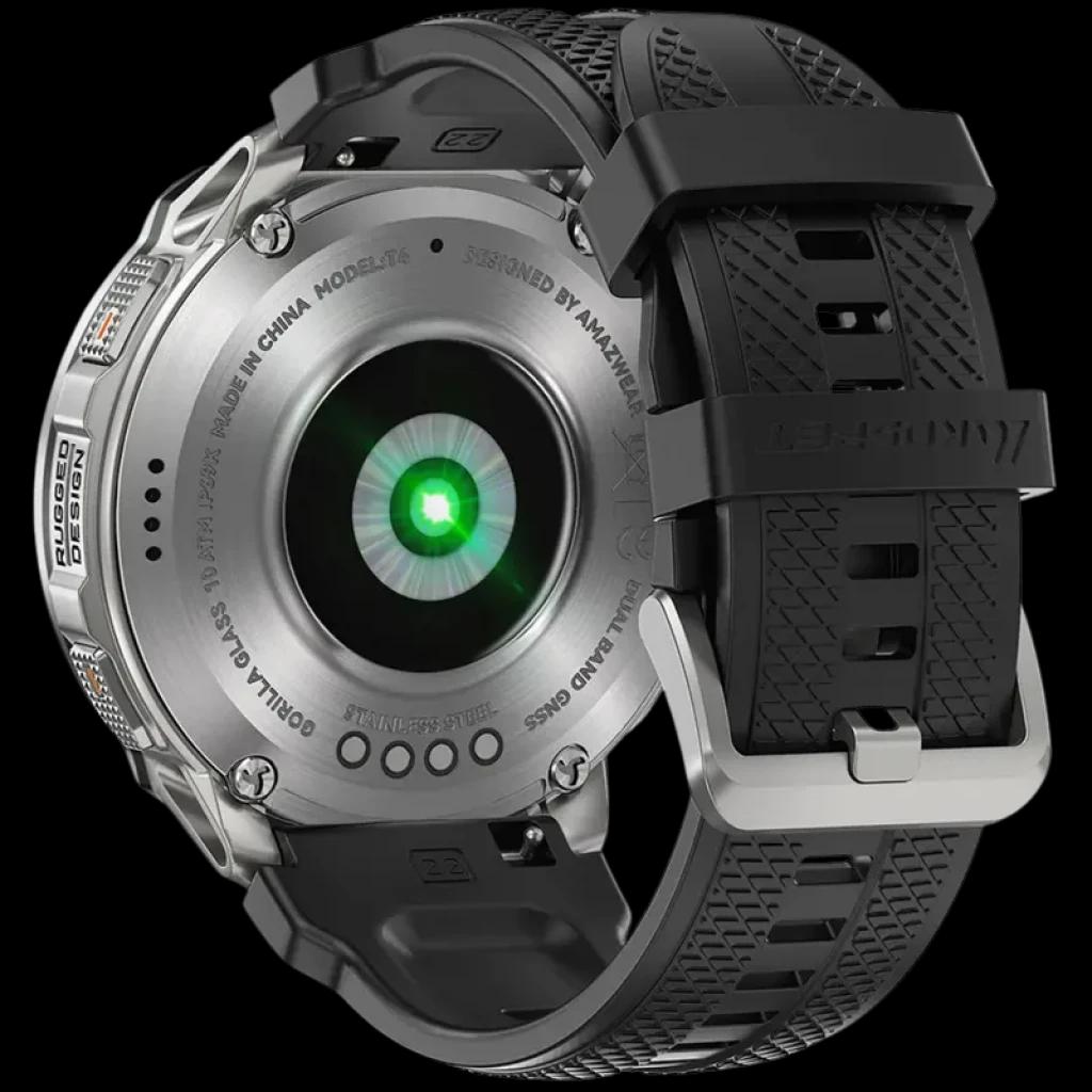Kospet Tank T4 32GB Prata com traseira metálica, sensor óptico verde ativo, parafusos expostos, pulseira preta texturizada e fivela robusta em aço
