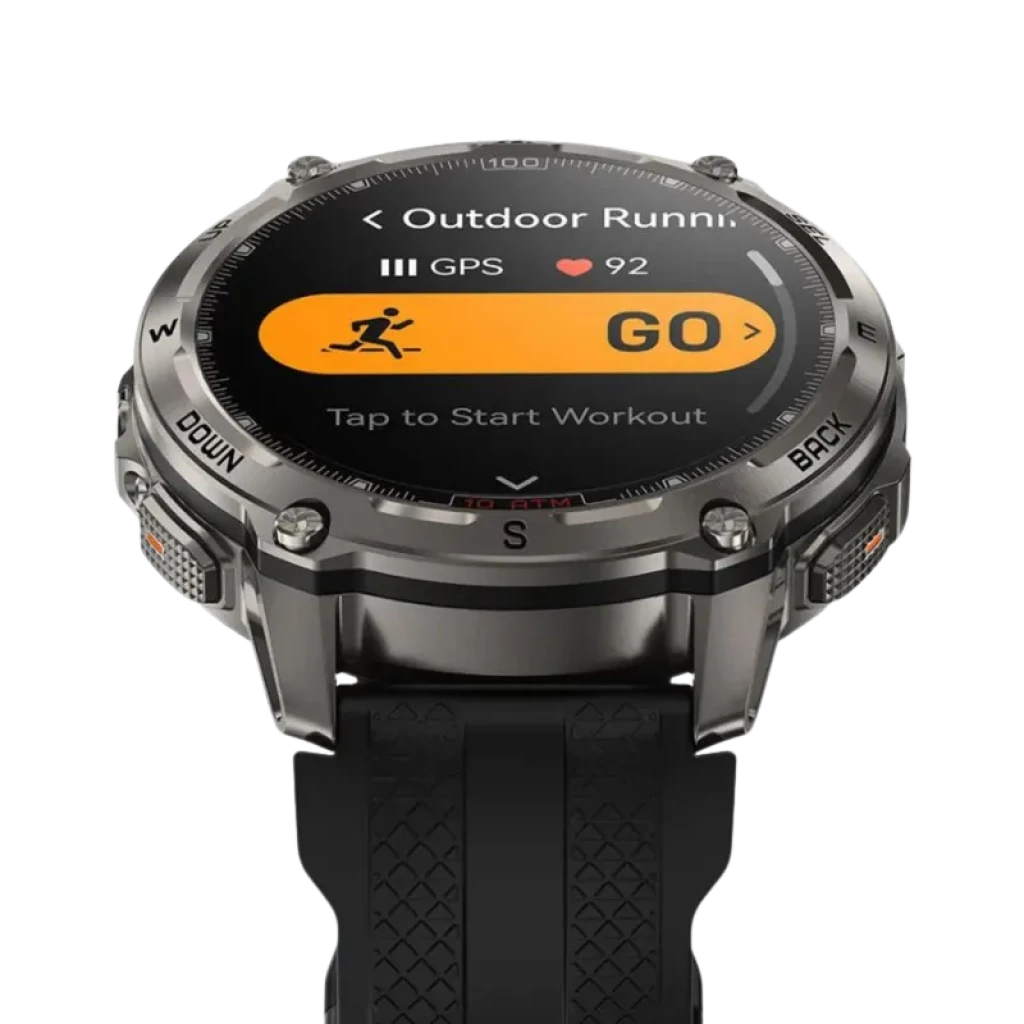 Kospet Tank T4 32GB Negro, reloj inteligente robusto con bisel metálico gris, pantalla circular a color, botones laterales DOWN y BACK, correa negra