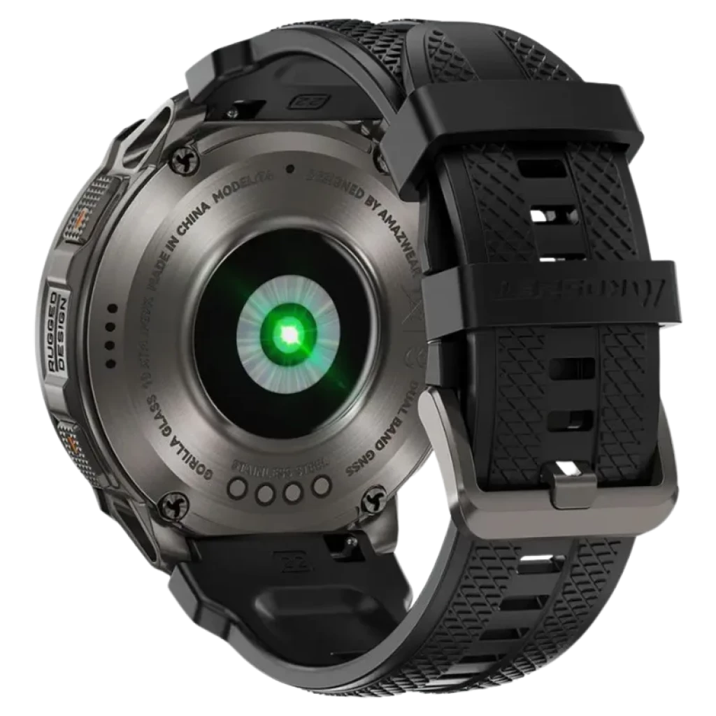 Kospet Tank T4 32GB Negro con correa de silicona texturizada, hebilla metálica y sensor óptico verde en la tapa trasera de acero, diseño robusto y deportivo