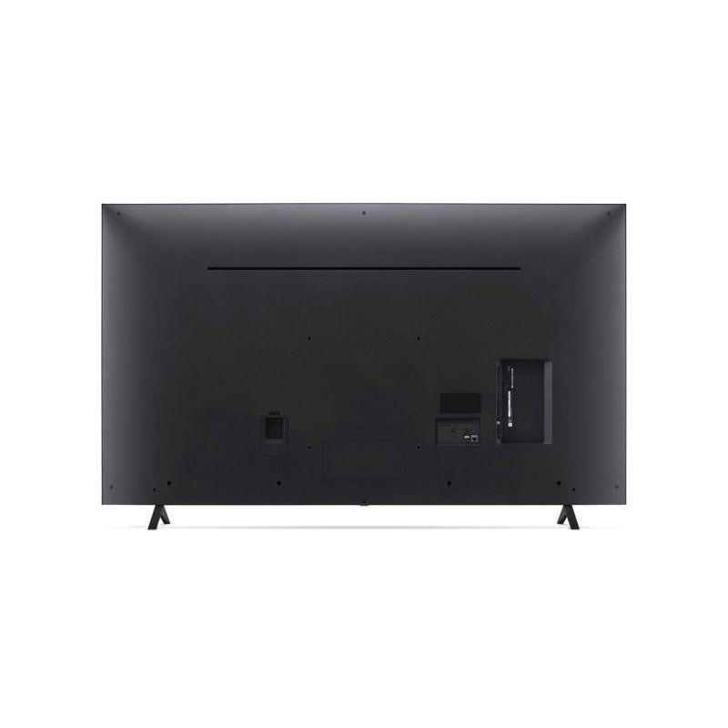 Parte trasera de TV LG 50UR78003LK 50 pulgadas 4K LED: chasis negro, dos patas laterales, ranura de ventilación superior y puertos laterales y centrales.