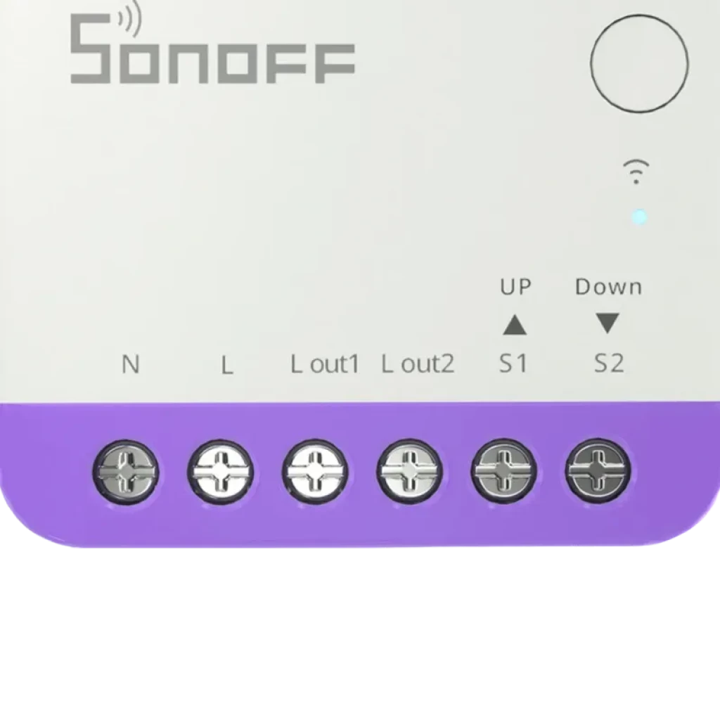Interrupteur mini pour volets Sonoff MINI-RBS, boîtier blanc et violet, bornes N L Lout1 Lout2, boutons UP Down S1 S2, voyant LED et icône Wi-Fi, lot de 4