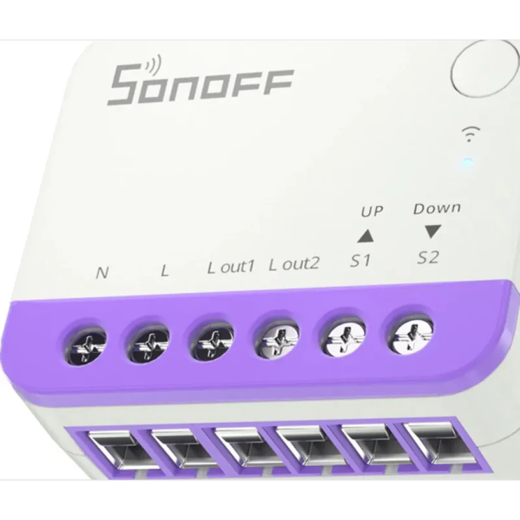 Sonoff MINI-RBS boîtier compact blanc avec bande violette, borniers à vis alignés, voyant Wi-Fi, flèches UP Down et étiquettes N L Lout1 Lout2 S1 S2