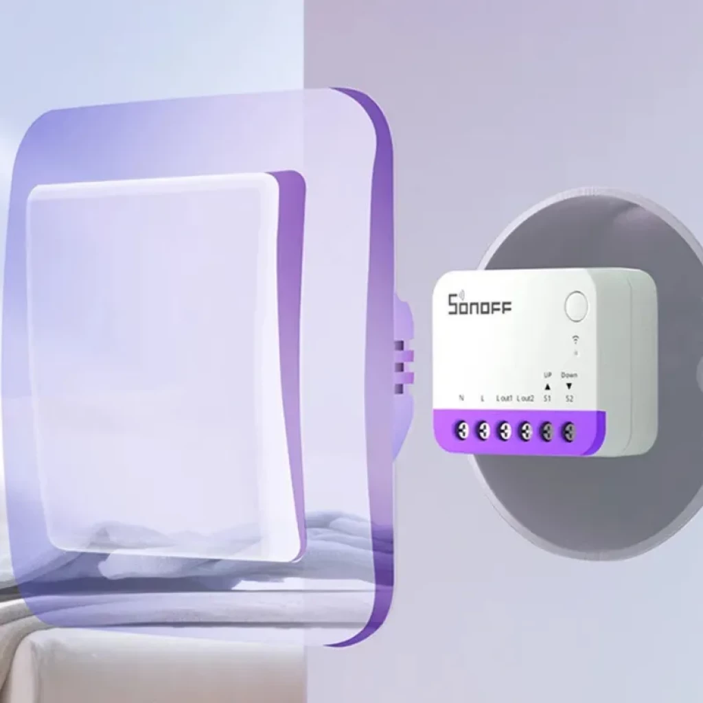 Sonoff MINI-RBS Smart Mini Roller Shutter Switch lot de 4, module compact blanc avec bornes L N Lout S1 S2, LED d’état et boutons Up Down, montage mural