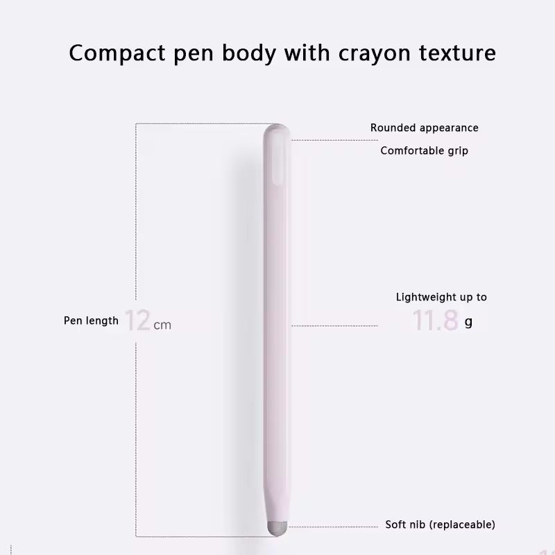 Caneta Redmi Graffiti Stylus: corpo compacto com textura de giz, ponta macia substituível, formato arredondado, pegada confortável, 12 cm e 11,8 g.