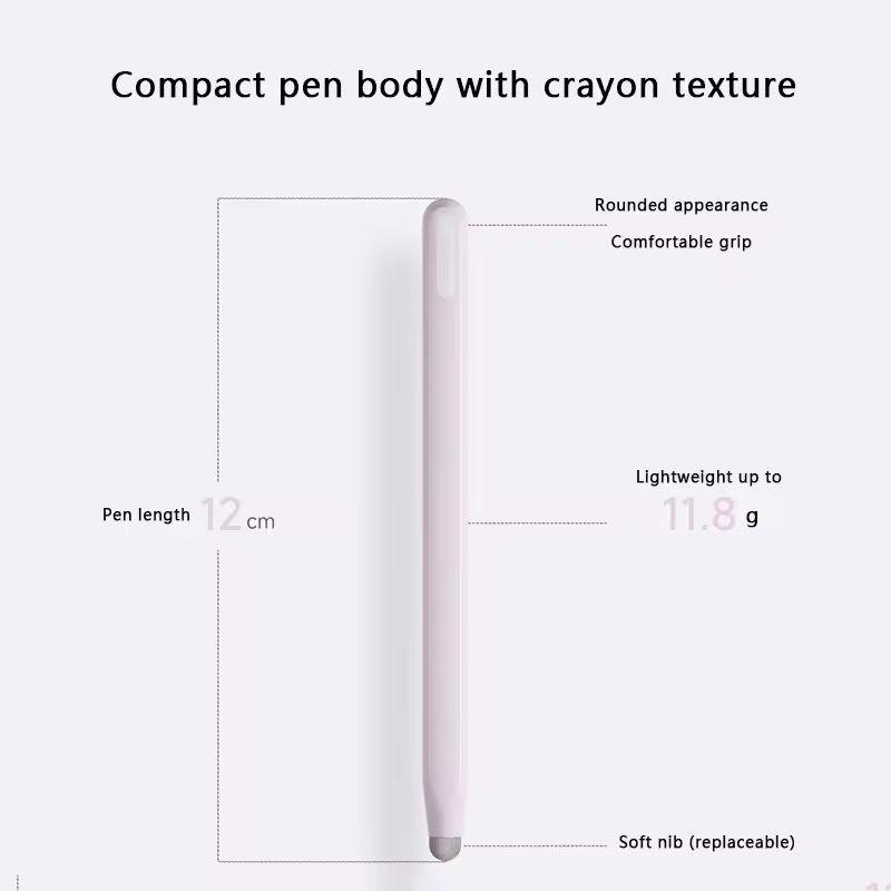 Caneta Redmi Graffiti Stylus: corpo compacto com textura de giz, ponta macia substituível, formato arredondado, pegada confortável, 12 cm e 11,8 g.