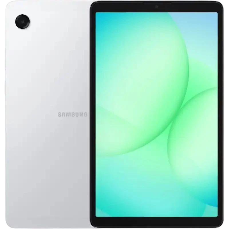 Tablette argentée avec écran 8,7" aux bordures fines, caméra frontale centrée et capteur arrière unique. Design mince, finition mate Samsung.