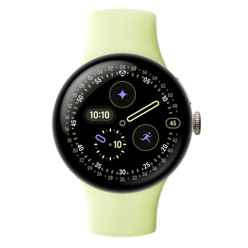Google Pixel Watch 4 41mm WiFi Ouro com pulseira verde clara, caixa redonda dourada, tela AMOLED curva com mostrador digital e coroa lateral prata