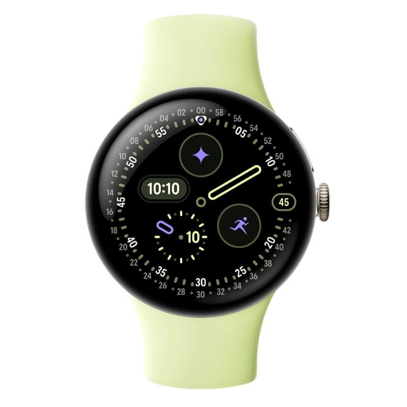 Google Pixel Watch 4 41mm WiFi Ouro com pulseira verde clara, caixa redonda dourada, tela AMOLED curva com mostrador digital e coroa lateral prata