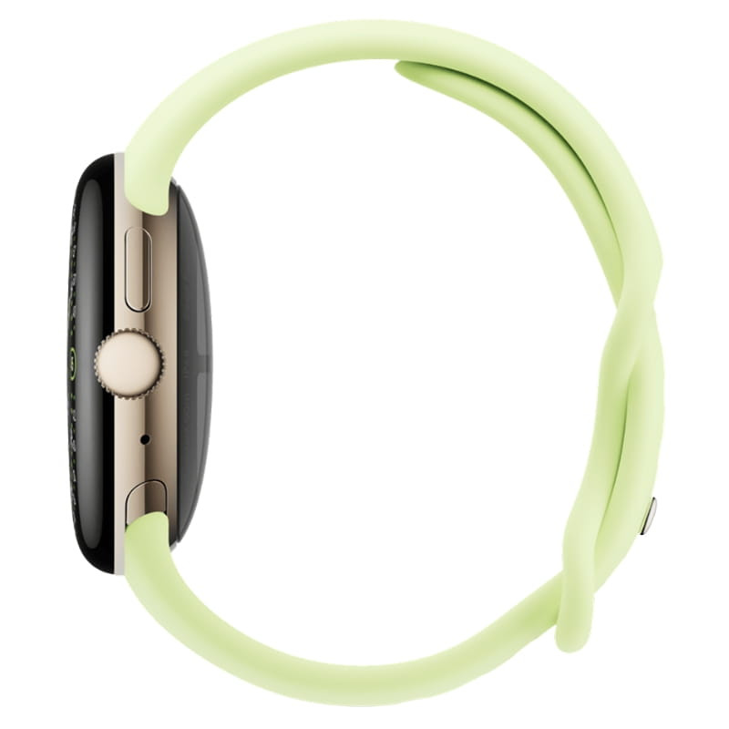 Google Pixel Watch 4 41mm WiFi Ouro com pulseira verde clara, caixa dourada e tela curva; botões laterais e coroa digital em acabamento premium