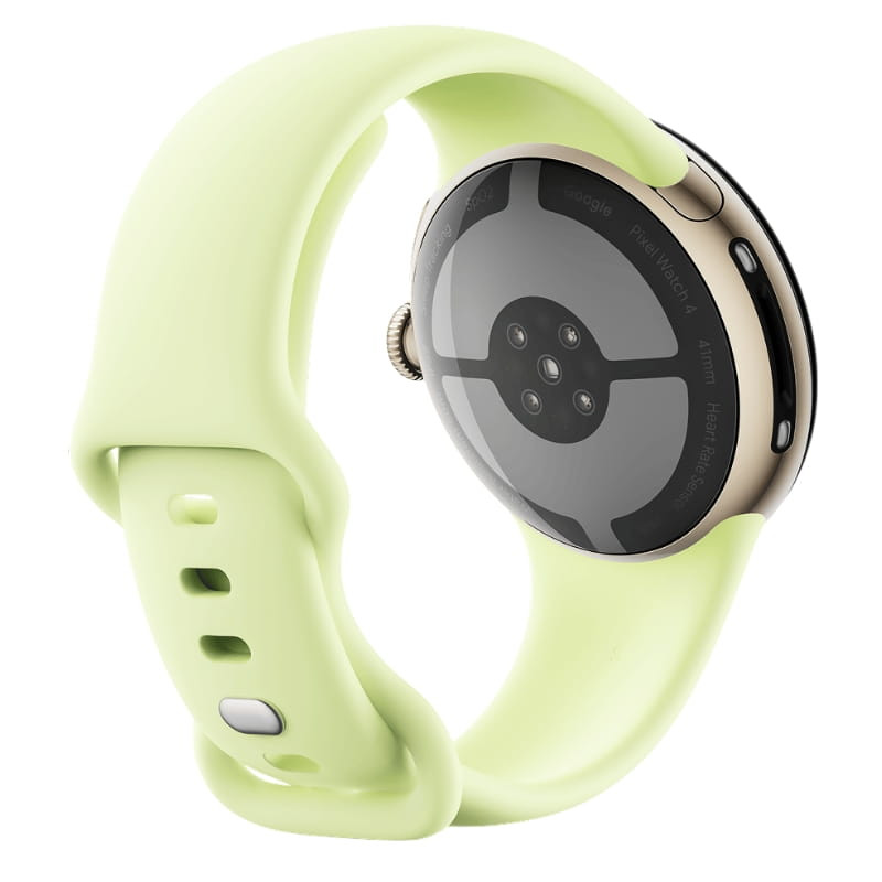 Google Pixel Watch 4 41mm WiFi em ouro com pulseira verde. Caixa arredondada, sensor cardíaco traseiro, fecho ajustável e design elegante minimalista.