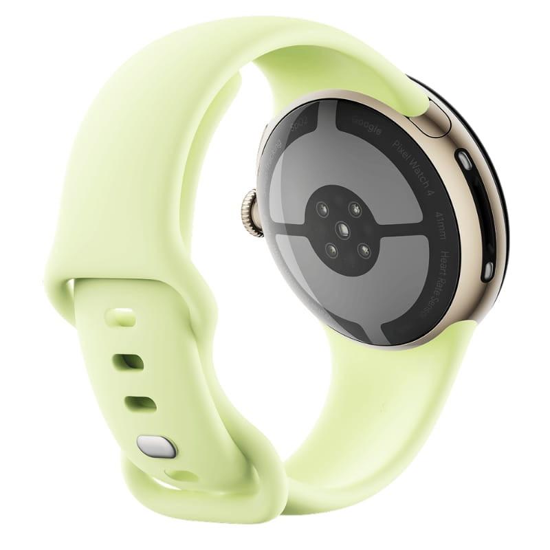 Google Pixel Watch 4 41mm WiFi em ouro com pulseira verde. Caixa arredondada, sensor cardíaco traseiro, fecho ajustável e design elegante minimalista.