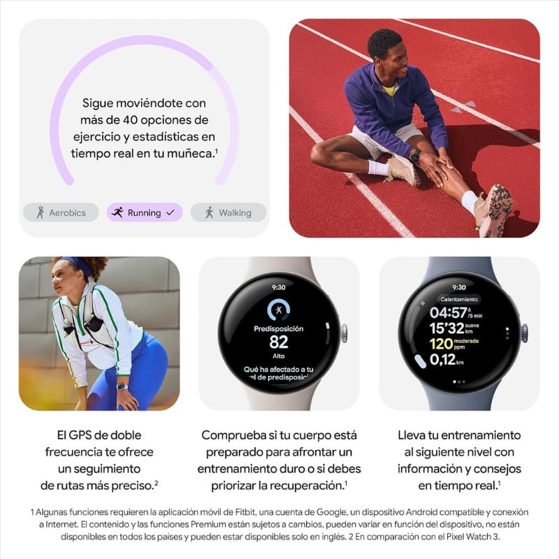 Google Pixel Watch 4 41mm cor ouro com pulseira verde, mostrador circular preto, tela AMOLED com estatísticas de treino, GPS e leitura de saúde em destaque