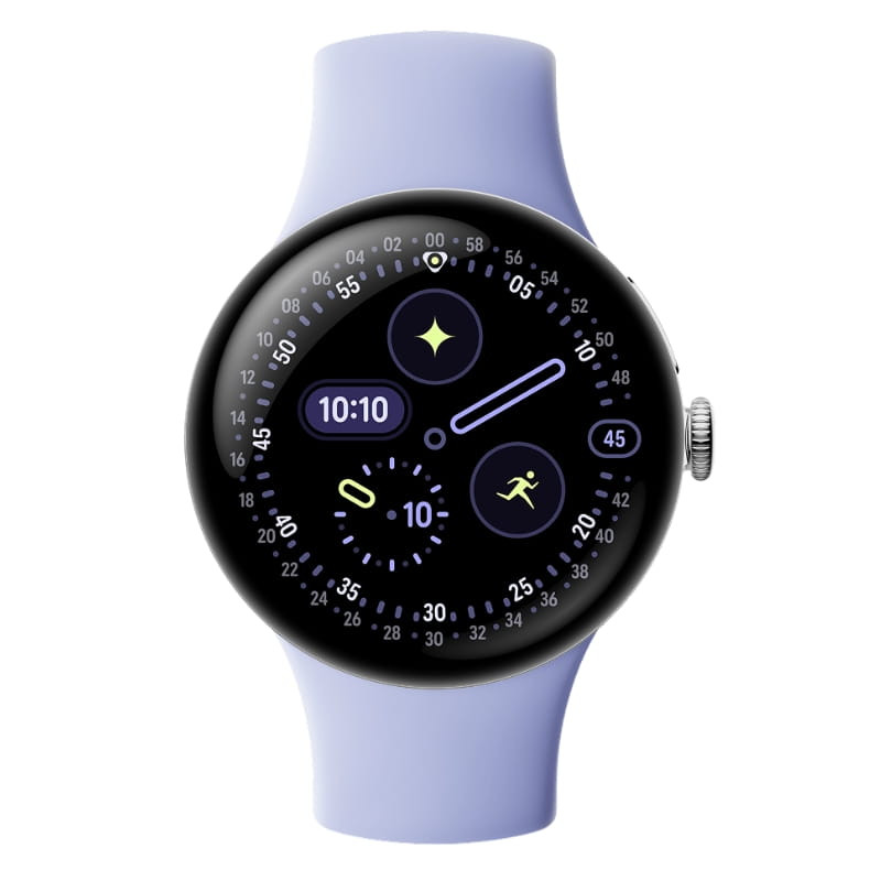 Google Pixel Watch 4 41 mm WiFi prata com pulseira lilás, mostrador circular preto, coroa lateral prateada e tela com múltiplos mostradores fitness