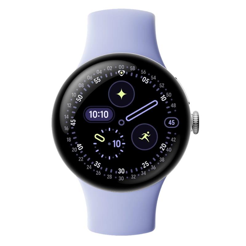 Google Pixel Watch 4 41 mm WiFi prata com pulseira lilás, mostrador circular preto, coroa lateral prateada e tela com múltiplos mostradores fitness