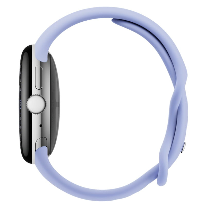 Google Pixel Watch 4 41 mm WiFi prata com pulseira lilás, caixa arredondada, coroa lateral e botões prateados, perfil fino e acabamento premium