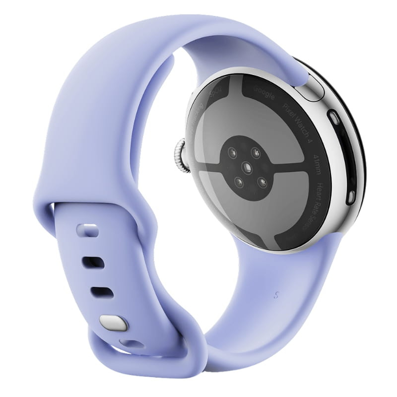 Google Pixel Watch 4 41 mm WiFi prata com pulseira lilás em silicone, fecho ajustável e caixa arredondada em aço, sensores de saúde no verso