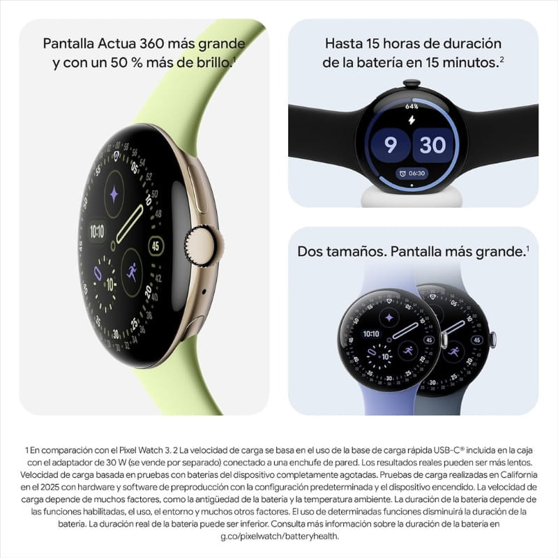 Google Pixel Watch 4 41 mm WiFi prata com pulseira lilás, mostrador redondo, bordas finas, tela brilhante, dois botões laterais e interface elegante
