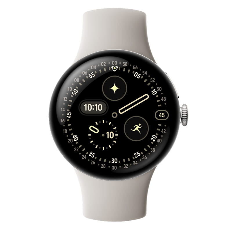 Google Pixel Watch 4 41mm WiFi prata com pulseira porcelana, vidro abobadado durável, mostrador OLED arredondado, coroa lateral e sensores cardíacos verdes