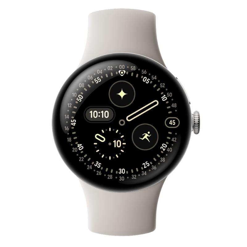 Google Pixel Watch 4 41mm WiFi prata com pulseira porcelana, vidro abobadado durável, mostrador OLED arredondado, coroa lateral e sensores cardíacos verdes