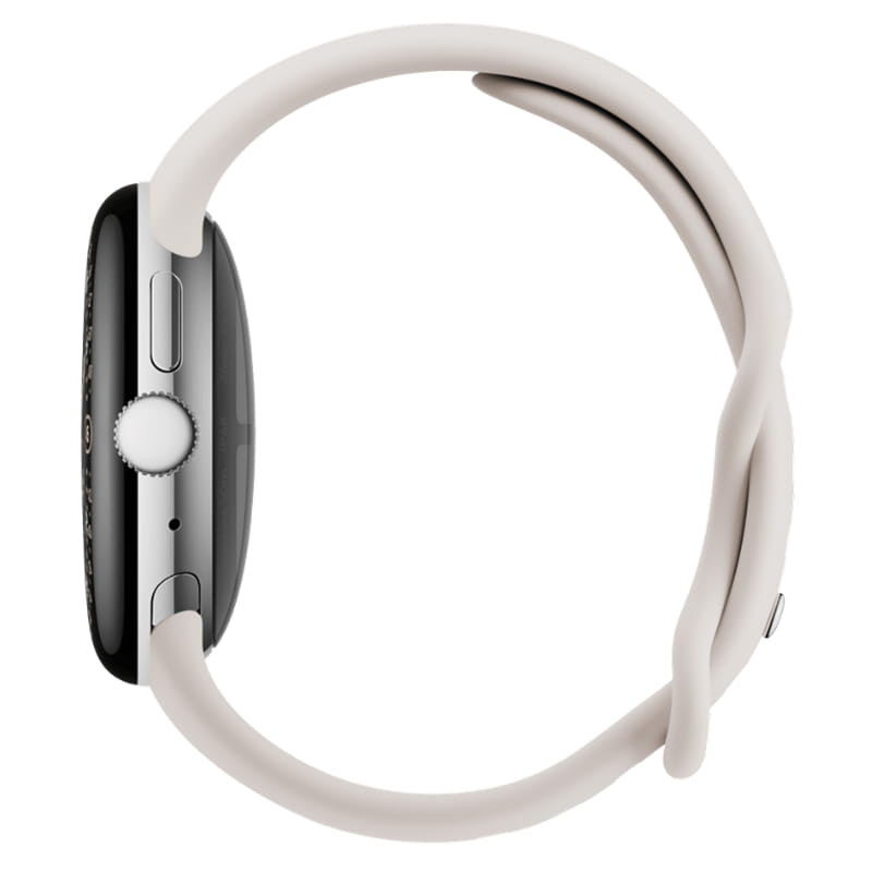 Google Pixel Watch 4 41mm WiFi prata com pulseira porcelana, caixa prateada arredondada, mostrador preto com complicações coloridas e bordas finas