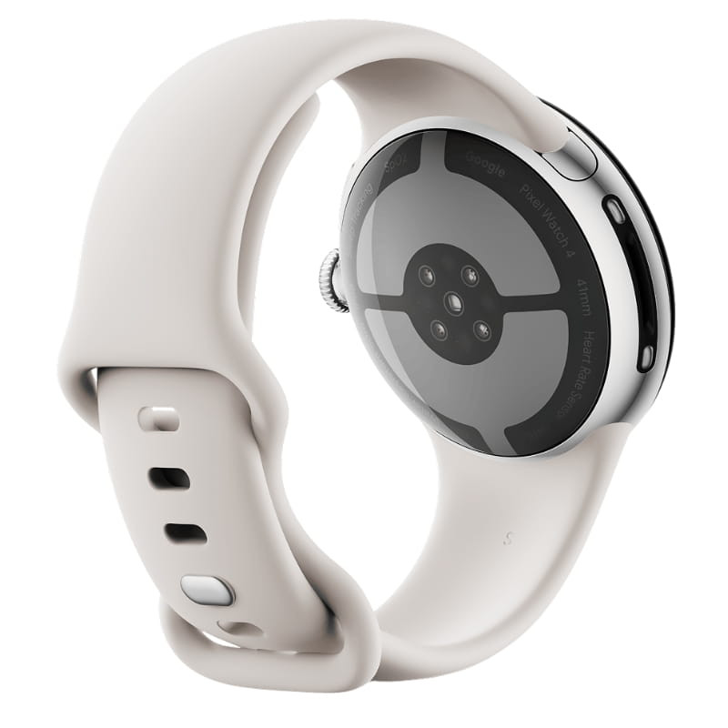 Google Pixel Watch 4 41mm WiFi prata com pulseira porcelana, caixa arredondada, tela AMOLED com mostrador digital, coroa lateral e acabamento premium