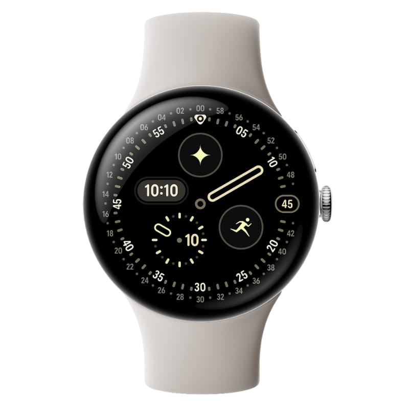 Google Pixel Watch 4 45 mm WiFi prata com pulseira porcelana, mostrador circular preto, bordas finas, coroa lateral e mostrador com indicadores esportivos