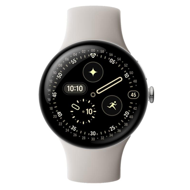 Google Pixel Watch 4 45 mm WiFi prata com pulseira porcelana, mostrador circular preto, bordas finas, coroa lateral e mostrador com indicadores esportivos