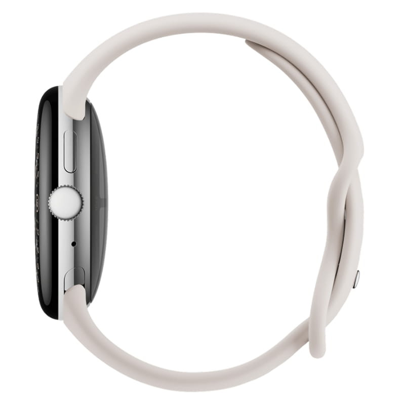 Google Pixel Watch 4 45 mm WiFi em prata com pulseira porcelana; caixa arredondada, coroa lateral e perfil fino em acabamento metálico elegante