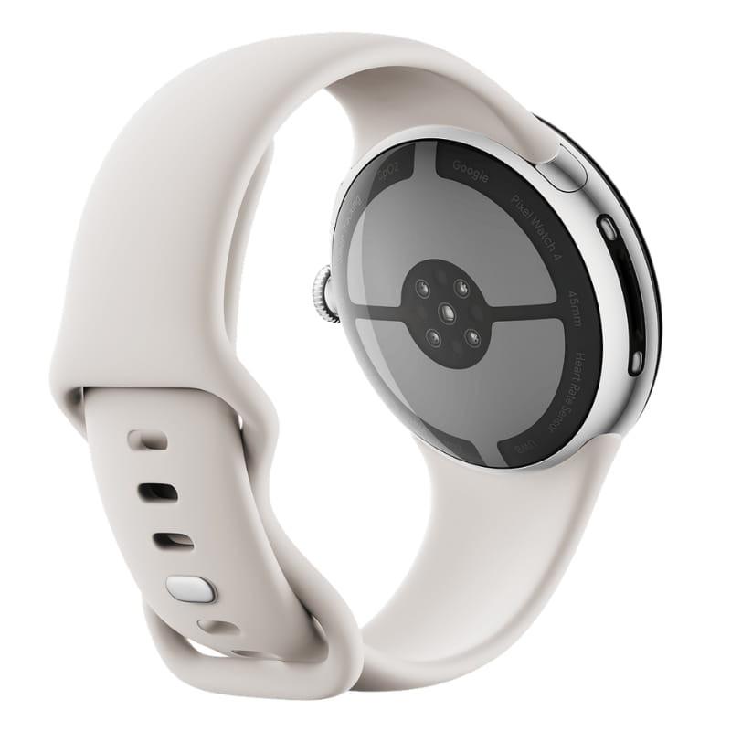 Google Pixel Watch 4 45 mm WiFi Prata com pulseira porcelana, caixa metálica curva, sensor cardíaco traseiro e fecho ajustável elegante
