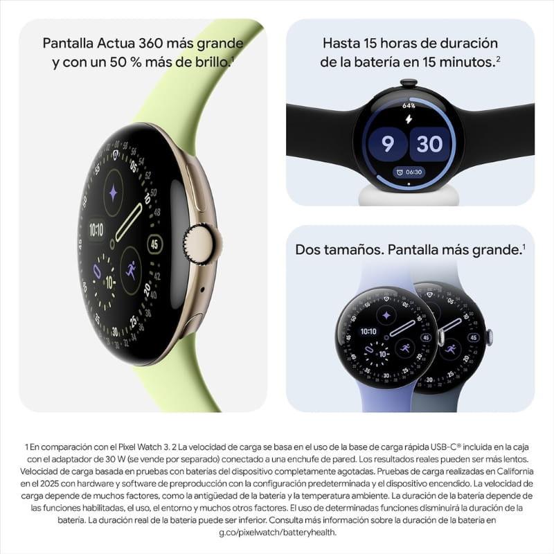 Google Pixel Watch 4 45 mm WiFi prata com pulseira porcelana, mostrador circular, bordas finas, tela brilhante, interface minimalista e acabamento premium