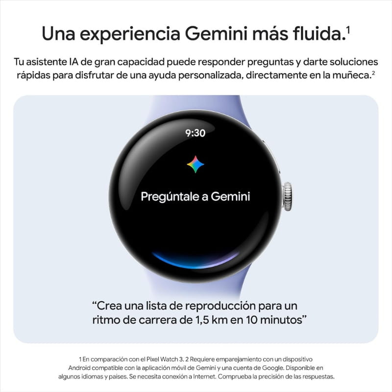 Google Pixel Watch 4 45 mm WiFi prata com pulseira porcelana; mostrador circular preto, bordas finas, tela AMOLED com texto Pergúntale a Gemini às 9:30