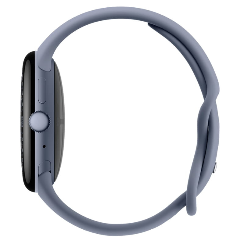 Google Pixel Watch 4 45 mm WiFi Pedra Lunar visto de lado, caixa arredondada escura, coroa texturizada, botão lateral e pulseira de silicone azul-cinza