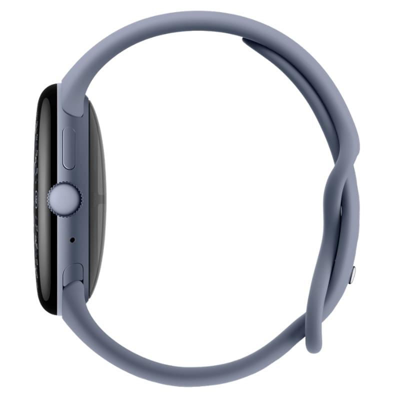 Google Pixel Watch 4 45 mm WiFi Pedra Lunar visto de lado, caixa arredondada escura, coroa texturizada, botão lateral e pulseira de silicone azul-cinza